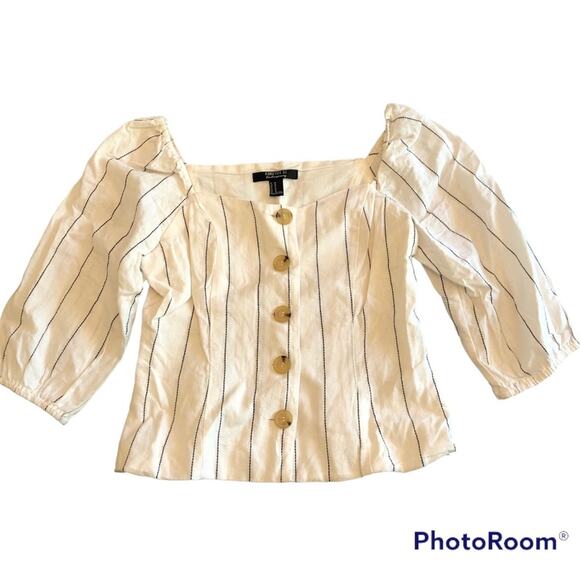 Boho Linen Square Neck Puff Sleeve Pin Striped Cropped Top Women’s Small Cream - Picture 1 of 10